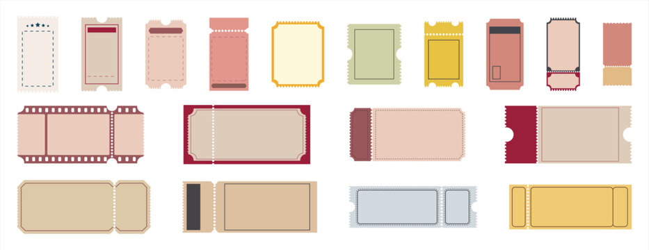 Old vintage movie cinema tickets. Admit one retro coupon vector templates with film reels and stars. Movie theater show paper ticket stubs, cinema festival event admission and entrance pass set 10eps.