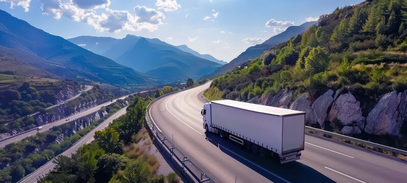 White cargo truck with a white blank empty trailer on highway road with beautiful nature mountains and sky