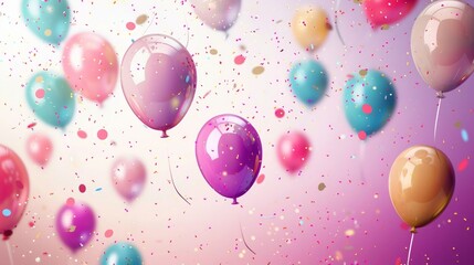 A lively and colorful background, featuring flying balloons and a shower of confetti glitters
