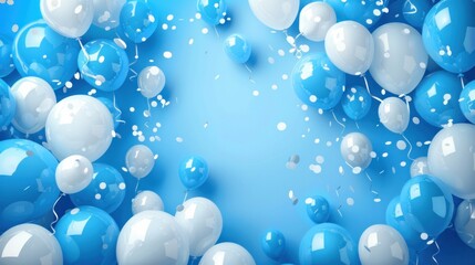 A festive party banner, set against a background of vibrant blue balloons, offers a captivating visual for any celebration