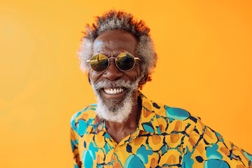 Cheerful senior African man wearing colorful vibrant clothes and sunglasses over yellow background...