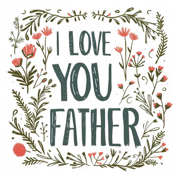 Letter design banner illustration that says I love you father, surrounded by wildflowers vines on white background