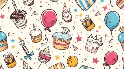 A whimsical seamless background, hand-drawn with joy, featuring an assortment of cakes, gift boxes, balloons, and party decorations