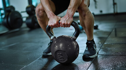 Fototapeta na wymiar close up of man working out with kettlebell at the gym