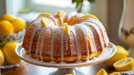 A delicious lemon bundt cake, its rich texture enhanced by a light drizzle of powdered sugar glaze