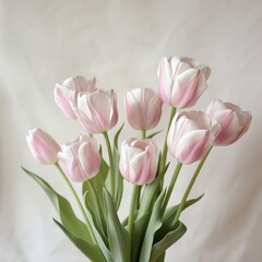 Obraz premium A graceful bouquet of light pink tulips stands elegantly against a plain backdrop