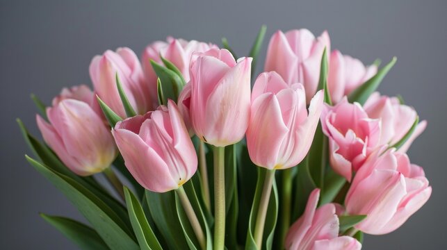A graceful bouquet of light pink tulips stands elegantly against a plain backdrop