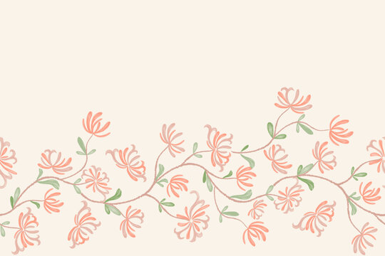 Pink flower pattern seamless background border frame. Vector illustration hand drawn peach pink honeysuckle floral with branches leaves. 