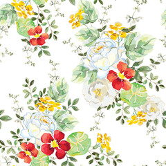 Rose, red nasturtium, yellow flowers, green leaves, white background. Floral illustration. Vector seamless pattern. Botanical design. Nature garden plants. Summer bouquets