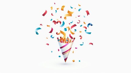 a cartoon emoji of a party popper, bursting with colorful birthday confetti