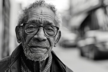 Fototapeta premium A close-up monochrome portrait of an elderly African American man with glasses, portraying a lifetime of stories etched into his expressive face.