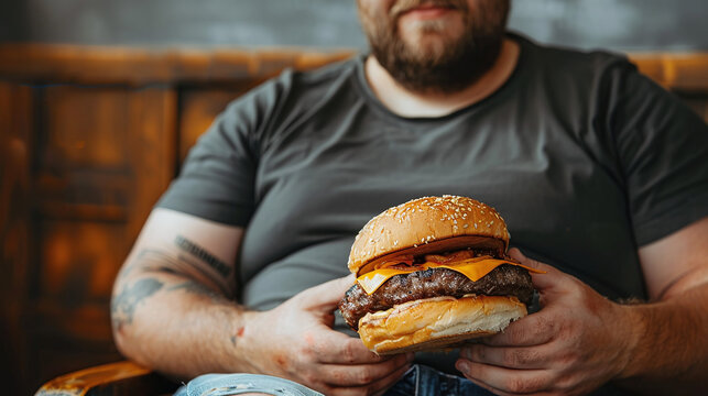 close up view of overweight man sitting holding a hamburger, sedentary lifestyle, bad habits