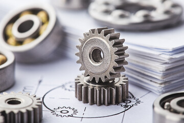 Gears, bearings and mechanism parts.Elements of mechanical blocksand construction. - obrazy, fototapety, plakaty