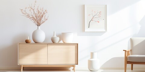 Modern white commode, mock-up poster frame, dried flower vase, candlestick books, and elegant personal accessories enhance the sunny and bright living room space.