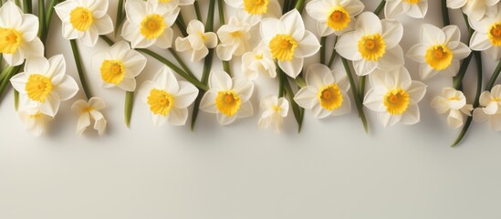 Calendar date featuring narcissus flower pattern on light background top view Summer concept