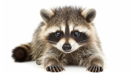 Obraz premium Adorable baby raccoon isolated on white background. Cute funny newborn animal portrait. Small furry pet for greeting card. banner template. Good for kids events or animal shelter poster design