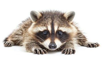 Adorable baby raccoon isolated on white background. Cute funny newborn animal portrait. Small furry pet for greeting card. banner template. Good for kids events or animal shelter poster design