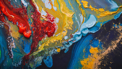 Abstract colorful acrylic pour painting on canvas, Close up blue and red colors with golden foil
