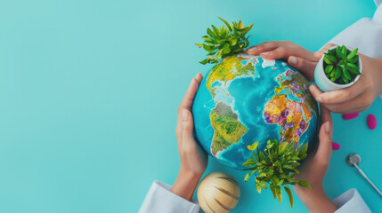 Two pairs of hands hold a globe or globe with green plants on an aqua color background. World...