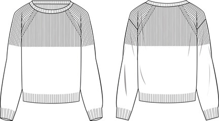 Women's Round Neck, Half Stitch Jumper. Technical fashion illustration. Front and back, white color. Women's CAD mock-up. - obrazy, fototapety, plakaty