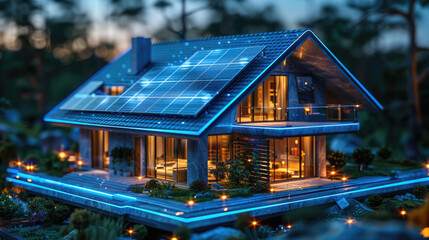 futuristic generic smart home with solar panels rooftop system for renewable energy concepts as wide banner with copyspace area