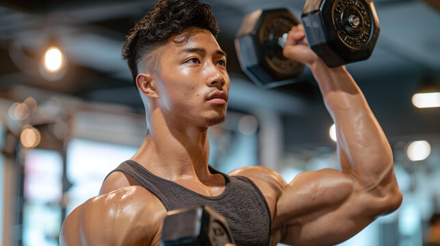 attractive young fit man working out with dumbbell at the gym, athlete at the gym, fitness model