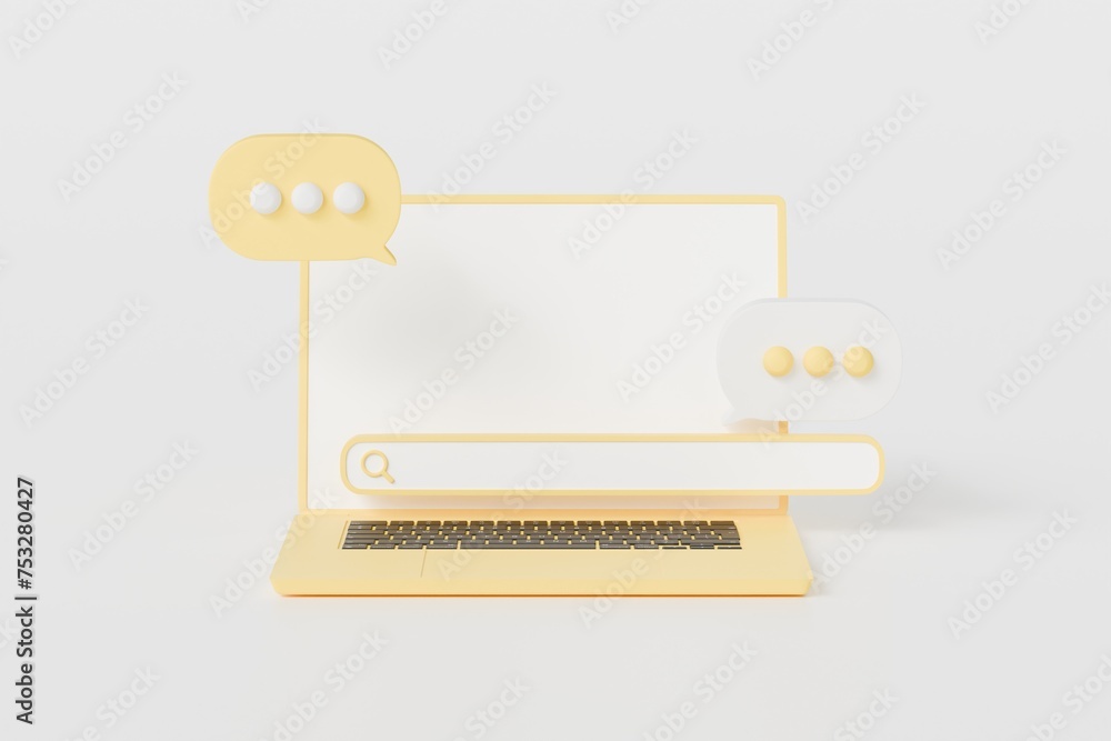 Poster 3d yellow laptop computer with search bar and speech bubble icon. navigation and search, seo interne