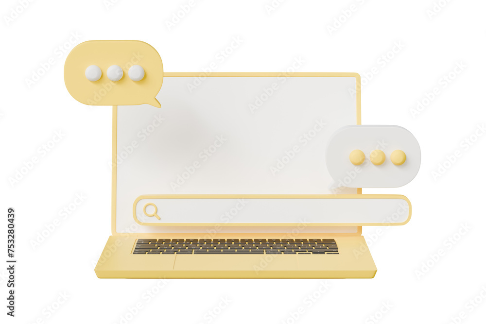 Poster 3d yellow laptop computer with search bar and speech bubble icon. navigation and search, seo interne