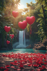 Romantic red hearts floating on the water with a stunning waterfall in the background, 3D ing