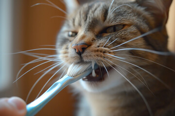 owner brushing cat's teeth with toothbrush