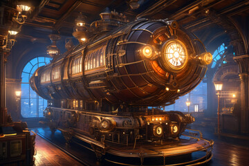Steampunk airship prototype or battery with intricate mechanism inside futuristic research lab or station with glowing lights, surreal Steampunk artwork