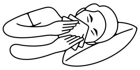 Sick man blowing her nose or sneezing into handkerchief. Disease, illness, sickness, virus and treatment, illustration