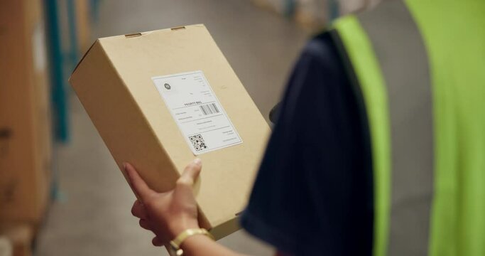 Person, hands and box with scanner for pricing, logistics or barcode in supply chain or shipping industry at warehouse. Closeup of employee or storage manager scanning parcel, package or inventory