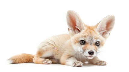 Adorable baby Fennec isolated on white background. Cute funny newborn animal portrait. Small furry pet for greeting card. banner template. Good for kids events or animal shelter poster design