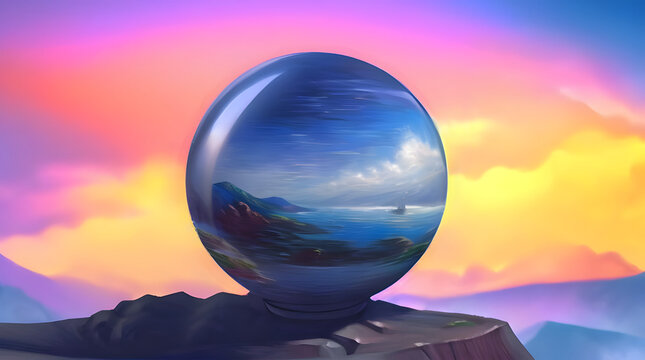 Reflet de paysage dans une boule de cristal