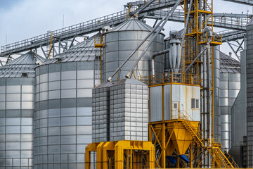 silos on agro-industrial complex with seed cleaning and drying line for grain storage