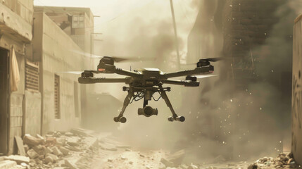Drone flying in city during war, modern military uav for surveillance using near buildings on smoke background. Concept of army, intelligence, warfare, technology - obrazy, fototapety, plakaty
