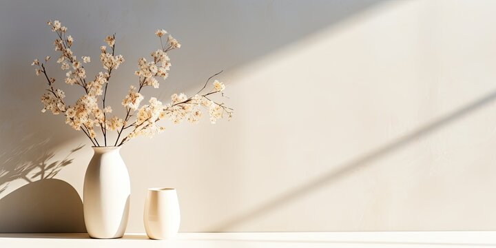 Minimal Scandinavian interior accessories featuring contemporary beige ceramic vases, dry deisy flowers, sunlit shadow, white table, and gray wall with copy space.