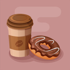 Cartoon bright chocolate glazed donut and coffee cup wallpaper design illustration. Vector cute art