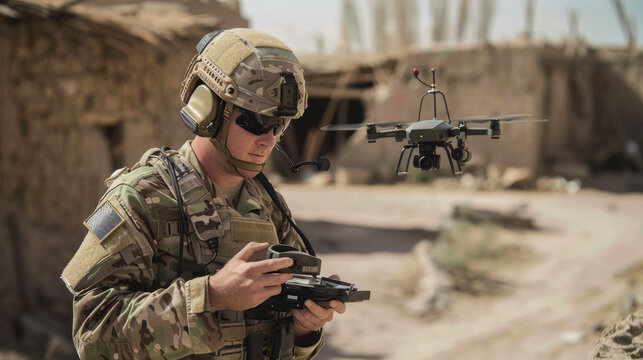 Soldier controls drone during war or training on rural houses background, military using modern uav for surveillance. Concept of army, intelligence, warfare, summer