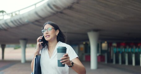 Phone call, city and businesswoman running late for work in street or urban area with coffee or watch. Stress, time delay notification or scared employee in panic or rush for appointment or schedule