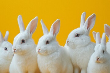 Obraz premium Group of white rabbits standing in front of yellow background, one looking left and one looking right