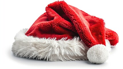 Obraz na płótnie Canvas A Red Santa Hat with a White Pompom: Classic Christmas Cap Isolated on White Background