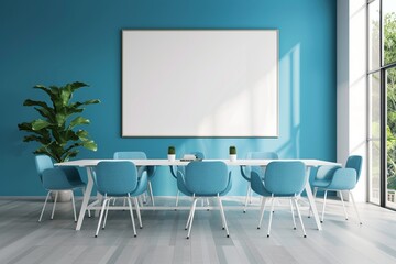 Blue office meeting room interior with poster