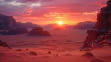 Planet Mars like landscape - Photo of Wadi Rum desert in Jordan with red pink sky above, this location was used as set for many science fiction movies.