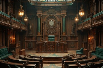 Ornate Court Room Interior with Green Seats and Wall Clock in Classic Legal Setting