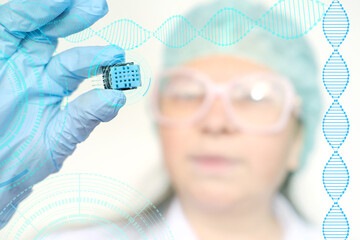 Electronic chip, bug in scientist's hand, Highlighting advancements in medical technology and...