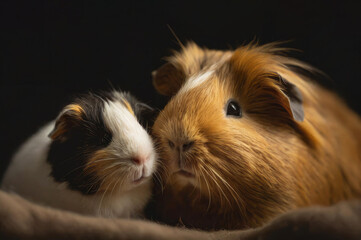 Guinea pig mother nuzzling her young baby cute portrait