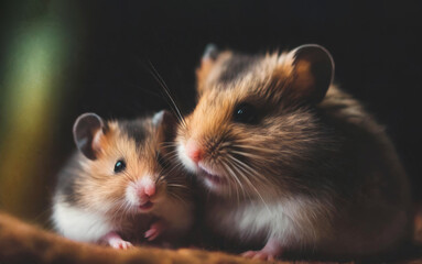Hamster mother nuzzling her baby hamster cute portrait