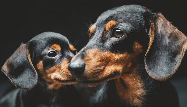 Dachshund dog mother nuzzling her puppy baby dog cute portrait